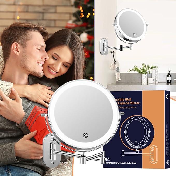 FUNTOUCH 2500mAh Rechargeable Wall Mounted Lighted Makeup Vanity Mirror 8 Inch Double Sided 1X 20X Magnifying Bathroom Mirror, 3 Color Lighting, Touch Dimming, Extended Arm 360° Light up Mirror - ModernBath