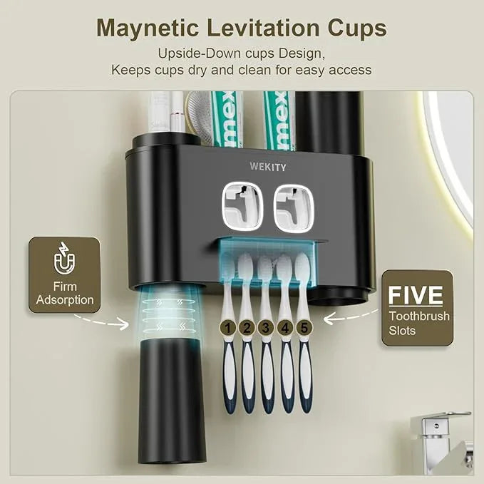 Toothbrush Holder Multi-Function Wall-Mounted, Automatic Toothpaste Dispenser & Dust-Proof Toothbrush Holder with 5 Brush Slots 4 Cups 2 Automatic Toothpaste Dispensers 1 Storage Slot (Black) - ModernBath