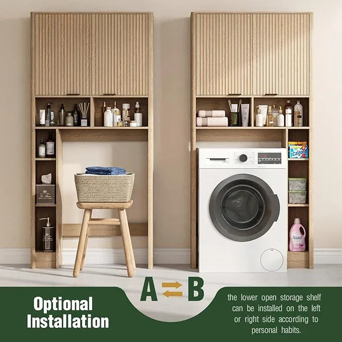 31''W Over The Toilet Storage Cabinet with Fluted Door, Oak Bathroom Organizer with Adjustable Shelf, 67''H Tall Natural Toilet Paper Holder Stand Wave Door for Restroom, Laundry Room - ModernBath