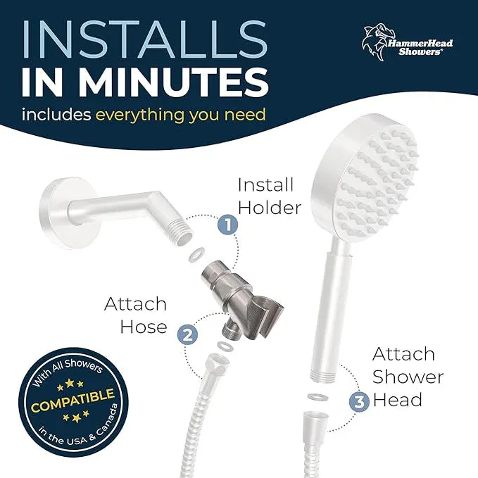 HammerHead Showers® Solid Metal Handheld Shower Head Holder - Brushed Nickel - Adjustable Shower Wand Holder with Universal Wall Hook Bracket and Brass Pivot Ball - Hand Held Shower Head Holder - ModernBath