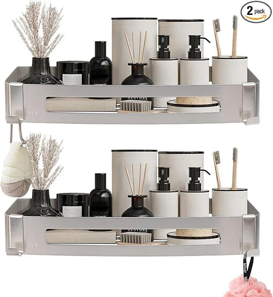 NearMoon Bathroom Shower Caddy 2 Pack, No Drill 304 Stainless Steel Shower Organizer with 2 Hooks (Shower Shelf, Brushed Nickel) - ModernBath