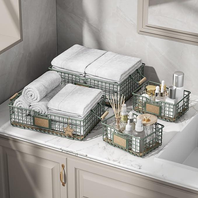 Bathroom Organizers and Storage, 4 Pack Storage Baskets for Shelves, Multipurpose Bins Organizer with Wooden Handles, Decorative Organizer Basket Set for Bathroom, Laundry, Living Room - Green - ModernBath