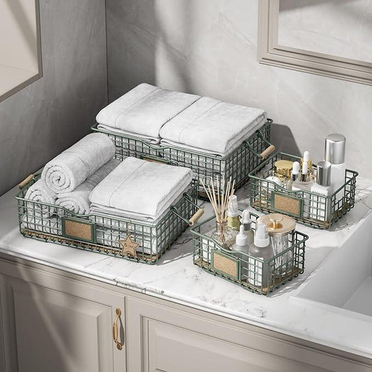 Bathroom Organizers and Storage, 4 Pack Storage Baskets for Shelves, Multipurpose Bins Organizer with Wooden Handles, Decorative Organizer Basket Set for Bathroom, Laundry, Living Room - Green - ModernBath