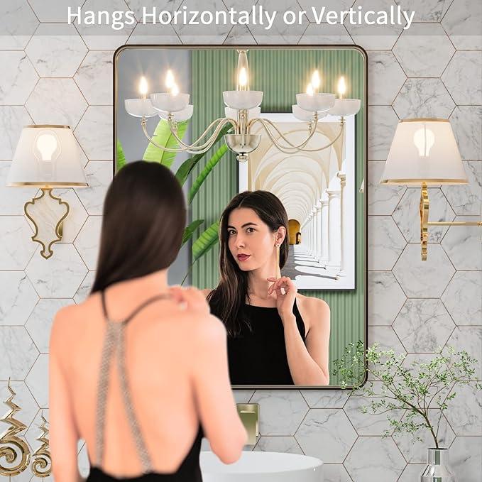 LOAAO 20”X30” Bronze Bathroom Mirrors for Vanity, Rounded Rectangle Brushed Bronze Metal Frame Mirror, Anti-Rust, Hangs Horizontally or Vertically - ModernBath