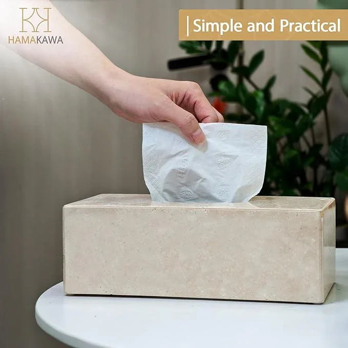 HAMAKAWA Natural Marble Tissue Box Cover, Beige Tissue Organizer L 10 x W 5.5 x H 3.5 Inch, Heavy Stone Decorative Box, Square Tissue Box Holder for Home Decor, Kitchen, Bathroom - ModernBath