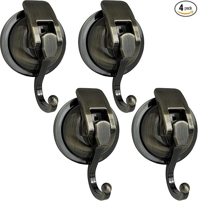 Heavy Duty Vacuum Suction Shower Hooks - Glass Suction Cup Bathroom Robe Hooks, Reusable, No Hole Punched - Bronze, 4 Pack - ModernBath
