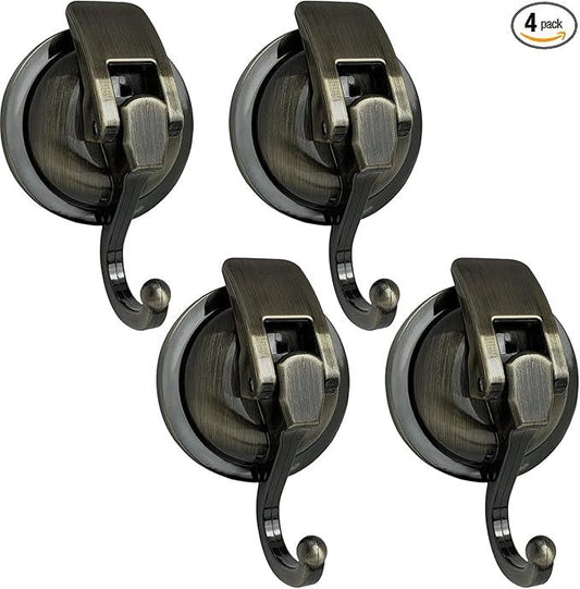 Heavy Duty Vacuum Suction Shower Hooks - Glass Suction Cup Bathroom Robe Hooks, Reusable, No Hole Punched - Bronze, 4 Pack - ModernBath