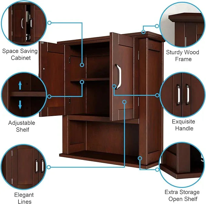 ChooChoo Wood Wall Cabinet with Doors, Medicine Cabinet with Adjustable Shelves Over The Toilet, Rustic Cabinet Wall Mounted for Bathroom, Kitchen, Living Room, Dark Cherry - ModernBath