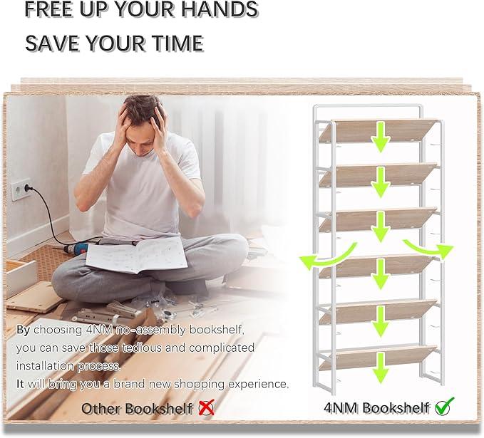 4NM No Assembly 6 Tiers Folding Bookshelf Storage Shelves Vintage Bookcase Standing Racks Study Organizer Home Office (Natural White) - ModernBath
