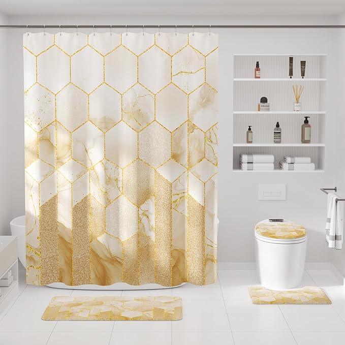 XLHOMO Bathroom Sets with Shower Curtain and Rugs - 4PC Beige Geometric Shower Curtain Set with 12 Hooks, Toilet Cover, U-Shaped Mat and Rugs Modern Abstract Bathroom Accessories for Bathroom - ModernBath