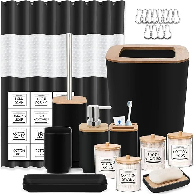 Bathroom Accessories Set,Black Bathroom Set,24 Pieces Bathroom Accessory Set with Shower Curtain,Trash Can for Bathroom Accessories Décor and Home Gifts - ModernBath