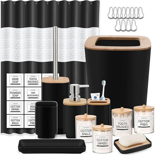 Bathroom Accessories Set,Black Bathroom Set,24 Pieces Bathroom Accessory Set with Shower Curtain,Trash Can for Bathroom Accessories Décor and Home Gifts - ModernBath