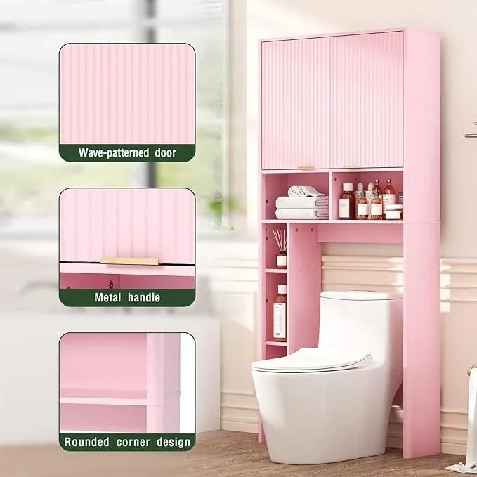 31" W Over The Toilet Storage Cabinet with Fluted Door, Pink Bathroom Organizer with Adjustable Shelf, Toilet Paper Holder Stand Wave Door for Restroom, Laundry Room - ModernBath