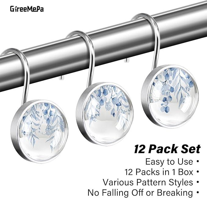 12 Pcs Blue Eucalyptus Shower Curtain Hooks – Farmhouse Resin Shower Rings, Rustproof Stainless Steel Curtain Hangers for Bathroom Decor - ModernBath