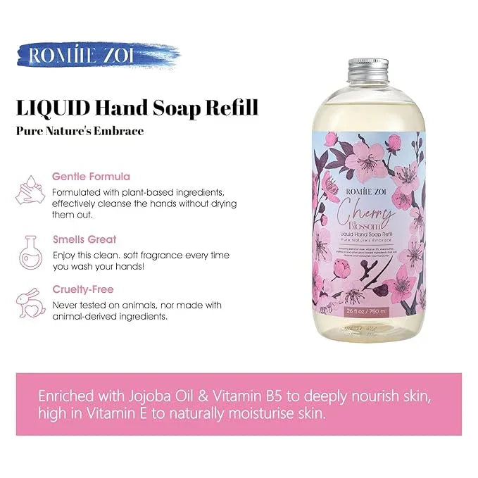 ROMIIE ZOI Liquid Hand Soap Refill, Cherry Blossom, Gentle & Moisturizing Formula, 750 ML/ 26 FL OZ - ModernBath