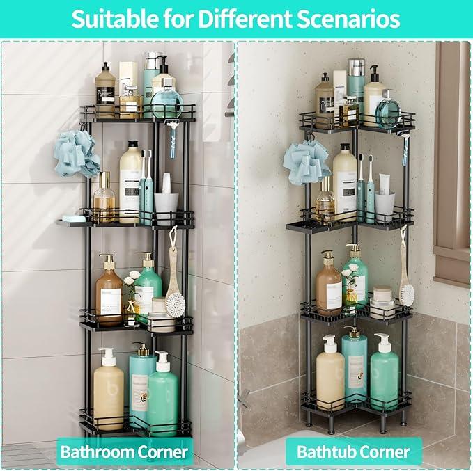 HapiRm Corner Shower Caddy Organizer - 4 Tier Shower Shelf Corner with Soap Holder, Rustproof Bathroom Standing Organizer with 4 Hooks, Black - ModernBath