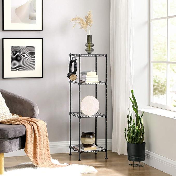 SONGMICS 4-Tier Bathroom Shelf, Storage Rack for Small Space, with 4 PP Shelf Liners, Removable Hook, Extendable Design, Ink Black and Translucent ULGR104B01 - ModernBath