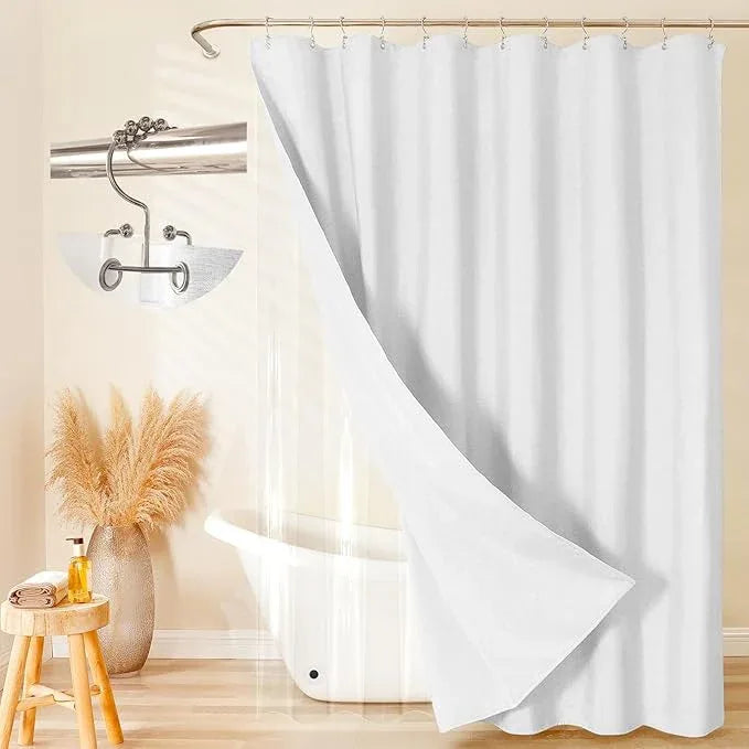 3-in-1 Fabric Shower Curtain Set,Double Waterproof Linen-Texture Shower Curtain with PEVA Liner that Fully Prevents Splashes,Soft Shower Curtain with 12 Anti-Fall Stainless Steel Hooks,72"x72" (White) - ModernBath
