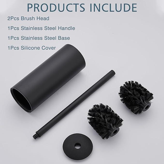 FORIOUS Toilet Brush and Holder Set Black, Heavy Duty 304 Stainless Steel Base and Long Handle Toilet Bowl Cleaners Brush, for Bathroom Storage and Organization, 2 Brush Head - ModernBath