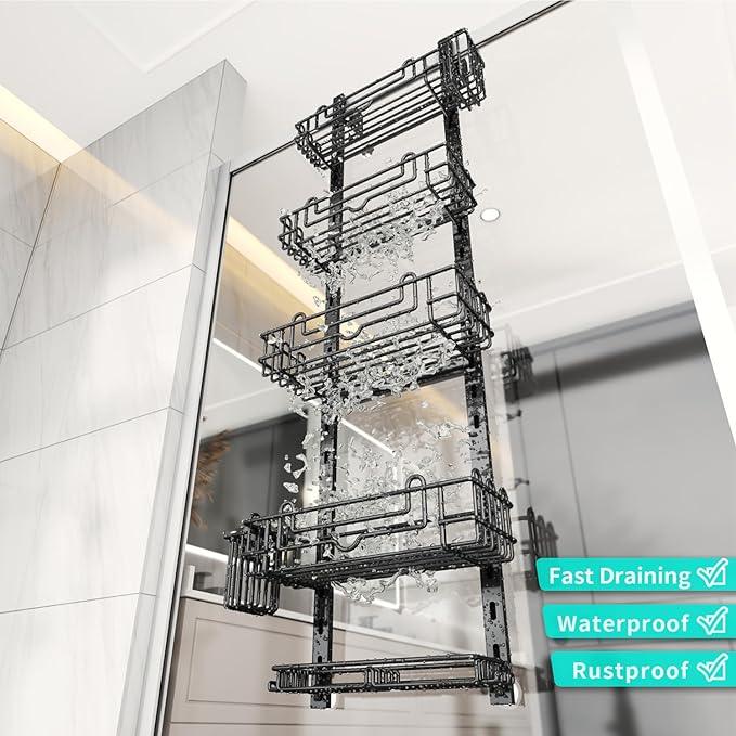 HapiRm 5 Tier Over the Door Shower Caddy, Hanging Shower Caddy with 28 Hooks and 2 Toothbrush Holders, No Drilling Adjustable Hanging Bathroom Organizer - Black - ModernBath