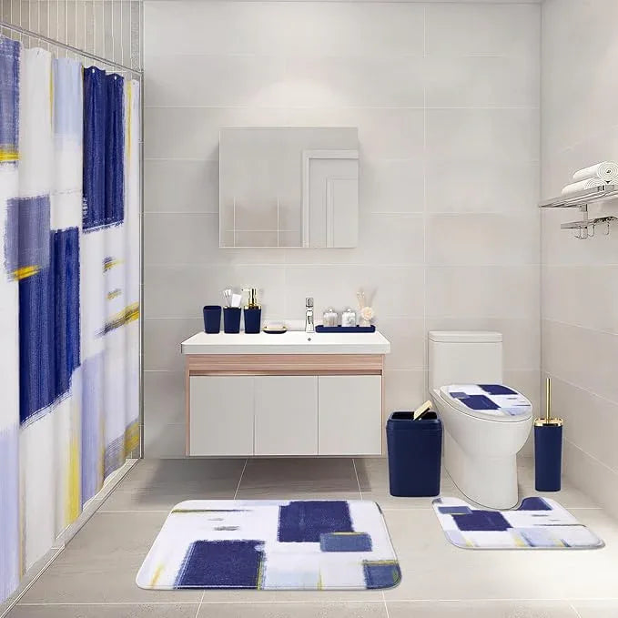 XLHOMO Bathroom Set - Navy Blue and Gold Bathroom Accessories Set, Bathroom Sets with Shower Curtain and Rugs, Blue Shower Curtain Set with Bathroom Trash Can, Soap Dispenser,Soap Dish for Home Decor - ModernBath