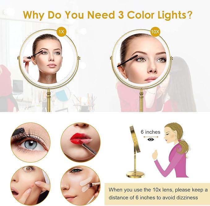 Lighted Makeup Mirror, 3000 mAh Rechargeable Double Sided Magnifying Vanity Mirror with 3 Colors, 1x/10x, 360° Rotation , Brightness Adjustable Magnification Cosmetic Light up Mirror, Women Gift - ModernBath