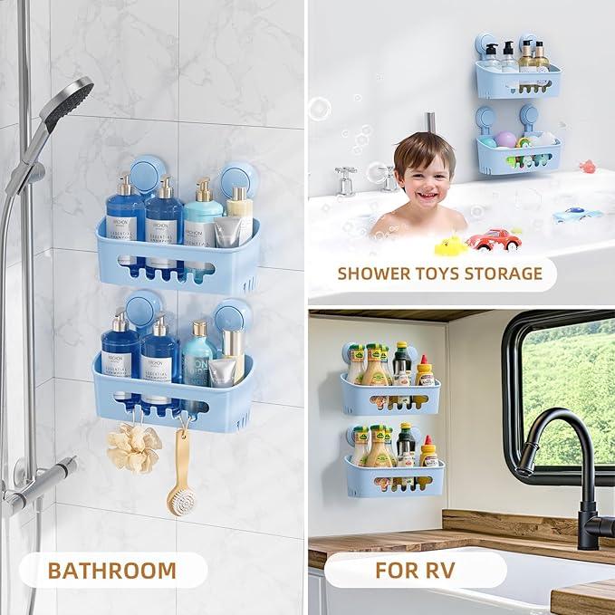 LEVERLOC Shower Caddy Suction Cup 2 Pack, Shower Organizer Removable Bathroom Shelf, Storage Suction Powerful Max Hold 22lbs Bathroom Caddy Waterproof Holder, Blue - ModernBath