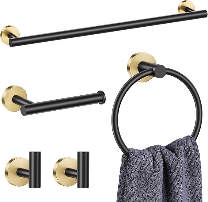 Lairuier 5 Pieces Black Gold Bathroom Accessories Set, 23.6 Inch Bath Towel Bar Set, SUS304 Stainless Steel Bathroom Hardware Set Round Toilet Paper Holder Set Wall Mounted - ModernBath