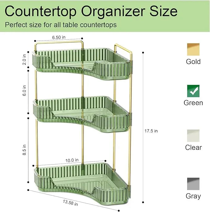 GTI 3-Tier Corner Bathroom Counter Organizer, Large Capacity Makeup Organizer Countertop, Perfume Cosmetics Skincare Vanity Organizers, Exquisite Countertop Storage for Women (Green) - ModernBath