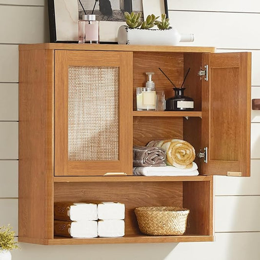 LEYAOYAO Rattan Bathroom Wall Cabinet, Boho Medicine Cabinet with Adjustable Shelf & Doors, Over The Toilet Storage Cabinets Organizer for Laundry Room, Kitchen, Living Room, Tea Brown