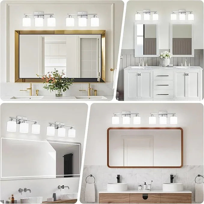 Brushed Nickel Bathroom Light Fixture, 3 Light Vanity Lights for Bathroom, Bath Lights with Milky White Frosted Glass Shades, E26 Socket - ModernBath