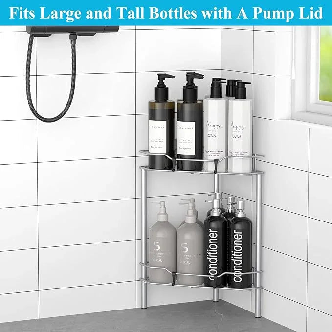 2 Tier Floor Standing Corner Shower Caddy Organizer Shelf with Hooks, Bathroom Shelves Stand Rack, Silver - ModernBath