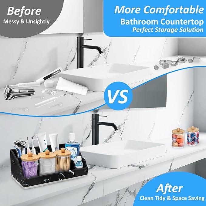 Bathroom Counter Organizer, Black Marble Toothbrush Holders for Bathrooms Organizer Countertop with 3PCS Qtip Holder, Toothbrush and Toothpaste Holder for Bathroom Organization Storage Vanity - ModernBath