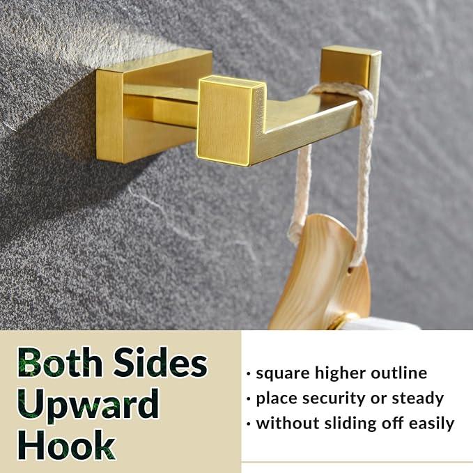 APLusee Double Robe Towel Hook Brushed Gold, 304 Stainless Steel Bathroom Hand Towel Holder, Clothes Wall Hanger for Toilet Kitchen Cabinet - ModernBath