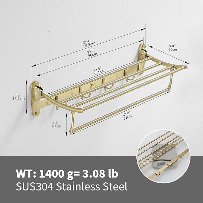 BESy 24 Inch Brushed Gold Towel Racks, Bathroom Towel Shelf with Foldable Towel Bar Holder and Towel Hooks, Wall Mounted Multifunctional Bathroom Accessories, Double Towel Bars - ModernBath