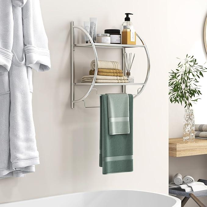 GOFLAME Wall Mounted Bathroom Shelf, 2-Tier Chrome Towel Rack with Leaky Design Shelves, Towel Bars, Chrome Bathroom Shelf for Living Room Kitchen Bathroom (1, Silver) - ModernBath
