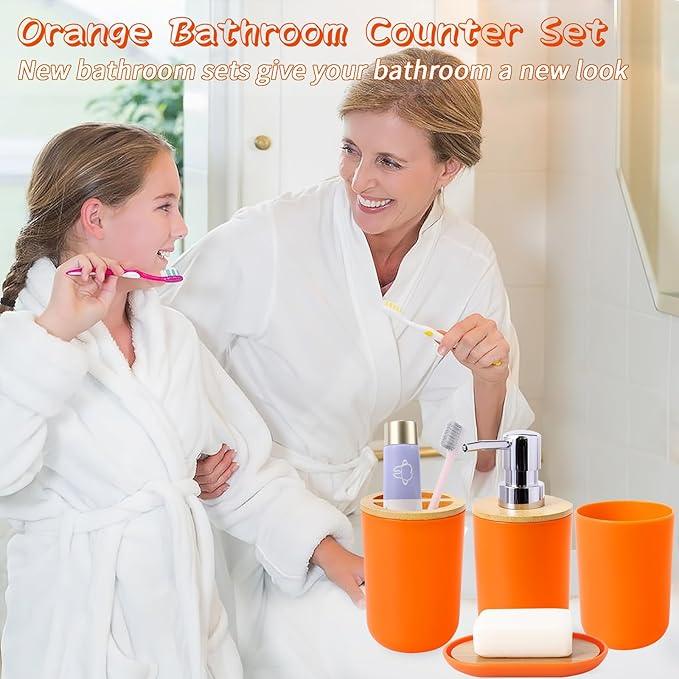 SLDIYWOW 9 Pieces Orange Bathroom Accessory Set, Plastic Bathroom Accessories Set with Trash Can,Soap Dispenser,Toothbrush Holder,Toothbrush Cup,Soap Dish,Toilet Brush and Q-tip Holders for Bathroom - ModernBath
