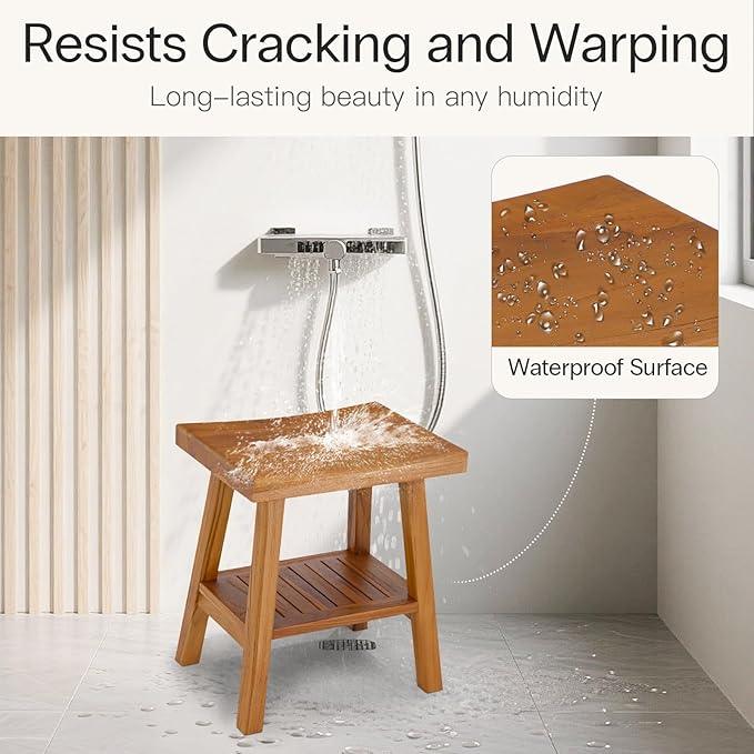 StrongTek Teak Shower Stool with Storage Shelf, 18-Inch Pre-Oiled Teak Wood Bath Seat Bench, Ergonomic Curved Seat, Easy Assembly, Water-Resistant, 350 lbs Capacity, Ideal for Bathroom, Spa & Home Use - ModernBath