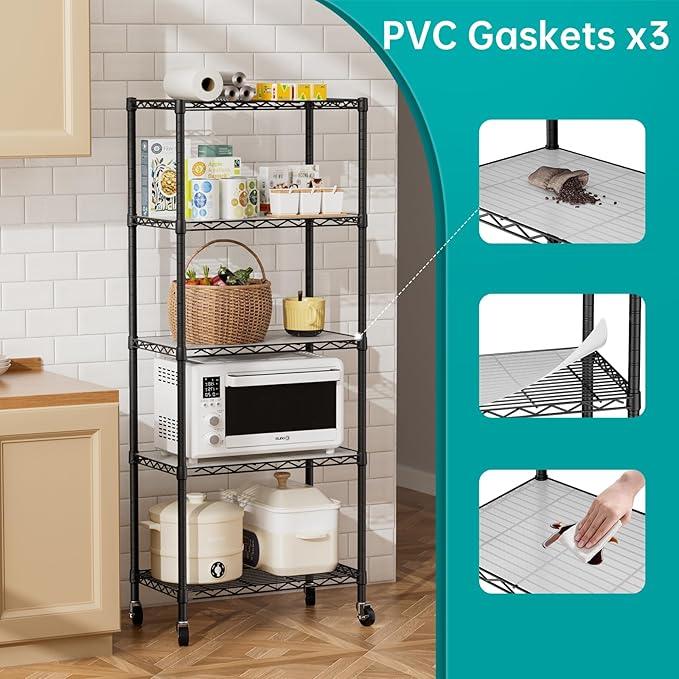SINGAYE 5 Shelves Storage Shelf Wire Closet Bathroom Organizers Metal Pantry Kitchen Garage Shelving Unit Laundry Room Organization Home Rack Net Basket Black with Wheels - ModernBath