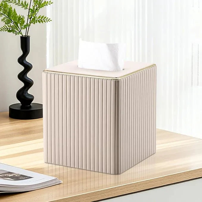 KINGFOM Square Tissue Box Cover, PU Leather Tissue Box Holder for Kleenexs with Magnetic Bottom Cover for Facial Tissues/Napkins, Office & Living Room Decor Box Beige - ModernBath