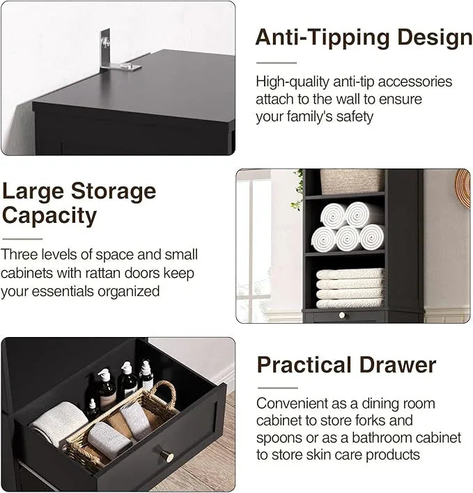 67"H Bathroom Storage Cabinet with Rattan Doors and Slide Storage, Tall Narrow Standing Tower Cabinet with Adjustable Shelves, Small Bathroom Floor Organizer for Entryway, Kitchen, Black - ModernBath