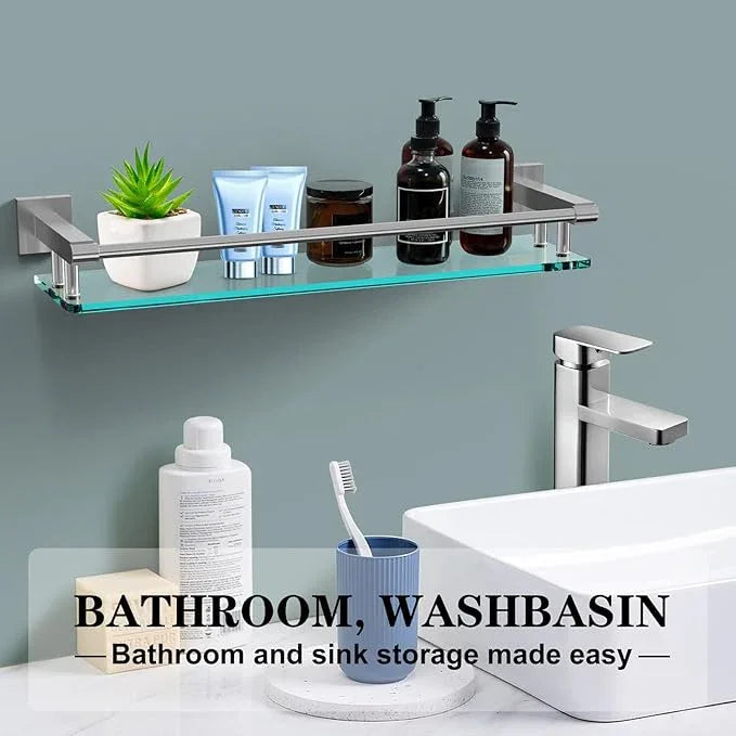 20 Inches Glass Shelf for Bathroom, Brushed Nickel Glass Shelves for Wall with Smooth Stainless Steel Railing, Modern Tempered Glass Organizer Shelf - ModernBath