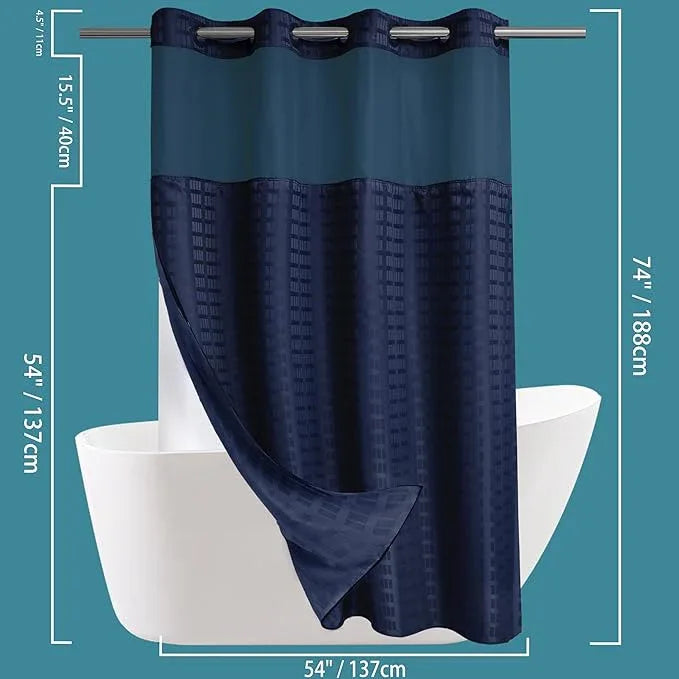 Conbo Mio Stall No Hook Shower Curtain with Snap in Liner Set, Hotel Luxury Navy Blue Shower Curtains for Bathroom with See Through Top Window, Waterproof, Washable 54W x 74H - ModernBath