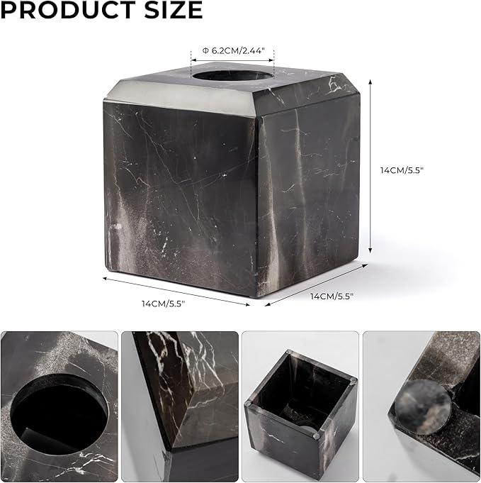 WORHE Tissue Box Cover Italy Natural Marble Heavy Duty Square Facial Toilet Paper Holder for Bathroom Living Room Bedroom Dresser Kitchen Minimalistic Office Home Decor Black (WH013) - ModernBath