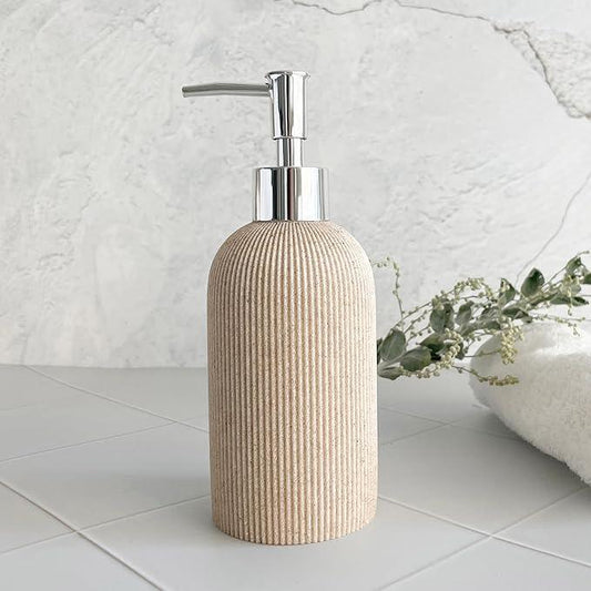 Sand Beige Hand Soap Dispenser for Bathroom and Kitchen with Pump, Luxury Farmhouse Style, Lotion, Dish Soap Dispenser, Sandstone Finish, Rust Proof, 7oz (Silver Pump) - ModernBath