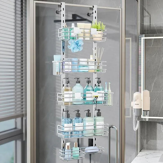 Consumest Over The Door Shower Caddy - 5 Tier Adjustable Shower Organizer Hanging with 2 Toothbrush Holders & 4 Hooks, Rustproof Organizer Shelf, Storage Rack for Bathroom, Silver - ModernBath