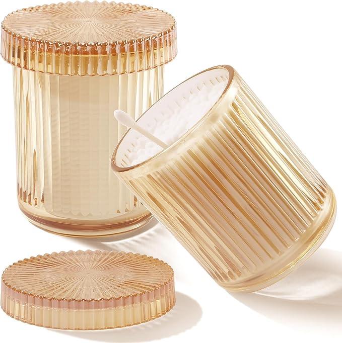 rejomiik Glass Qtip Holder Dispenser 2 Pack, Bathroom Canister Apothecary Jars with Lids, Vanity Makeup Accessories Storage Organizer for Cotton Swabs, Cotton Balls, Pads, Floss Picks, Amber - ModernBath