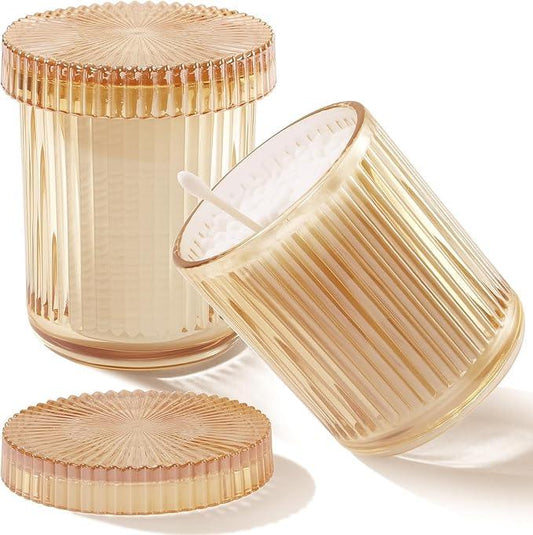rejomiik Glass Qtip Holder Dispenser 2 Pack, Bathroom Canister Apothecary Jars with Lids, Vanity Makeup Accessories Storage Organizer for Cotton Swabs, Cotton Balls, Pads, Floss Picks, Amber - ModernBath