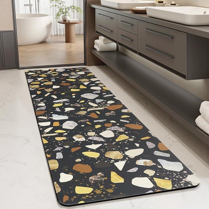 MontVoo -Bath Mat-Non Slip Thin Bathroom Rugs Fit Under Door- Quick Dry Absorbent Faux Suede Surface Grey Bathroom Floor Mats-Shower Rug for in Front of Bathtub Shower Black & Multi Color 17x59 - ModernBath