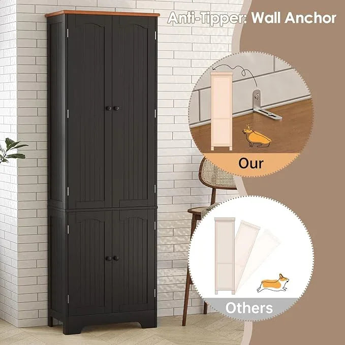 72.2'' Narrow Storage Cabinet, 4 Door Kitchen Cabinet with Adjustable Shelves, Freestanding Cupboard, Tall Pantry Cabinet for Bathroom, Dining Room, Living Room, Kitchen,Laundry, Entryway, Black - ModernBath